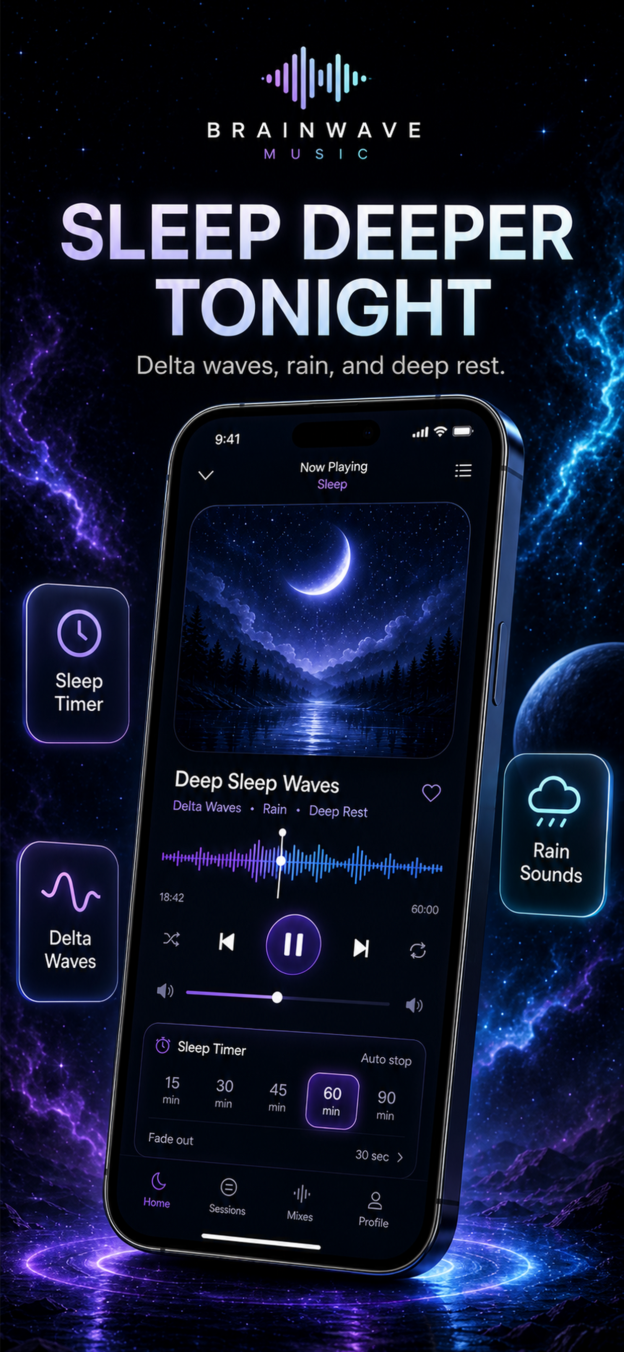Brainwave Music sleep player with delta waves, rain, and sleep timer