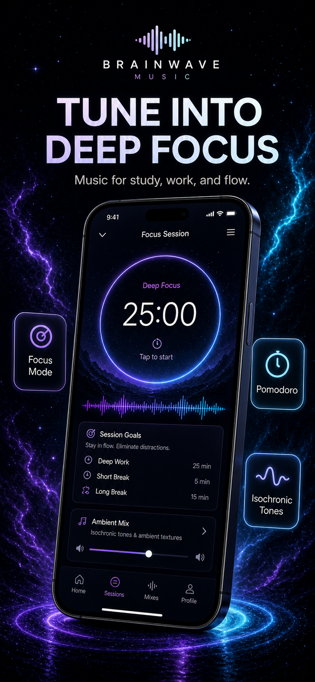 Brainwave Music focus mode with Pomodoro and isochronic tones