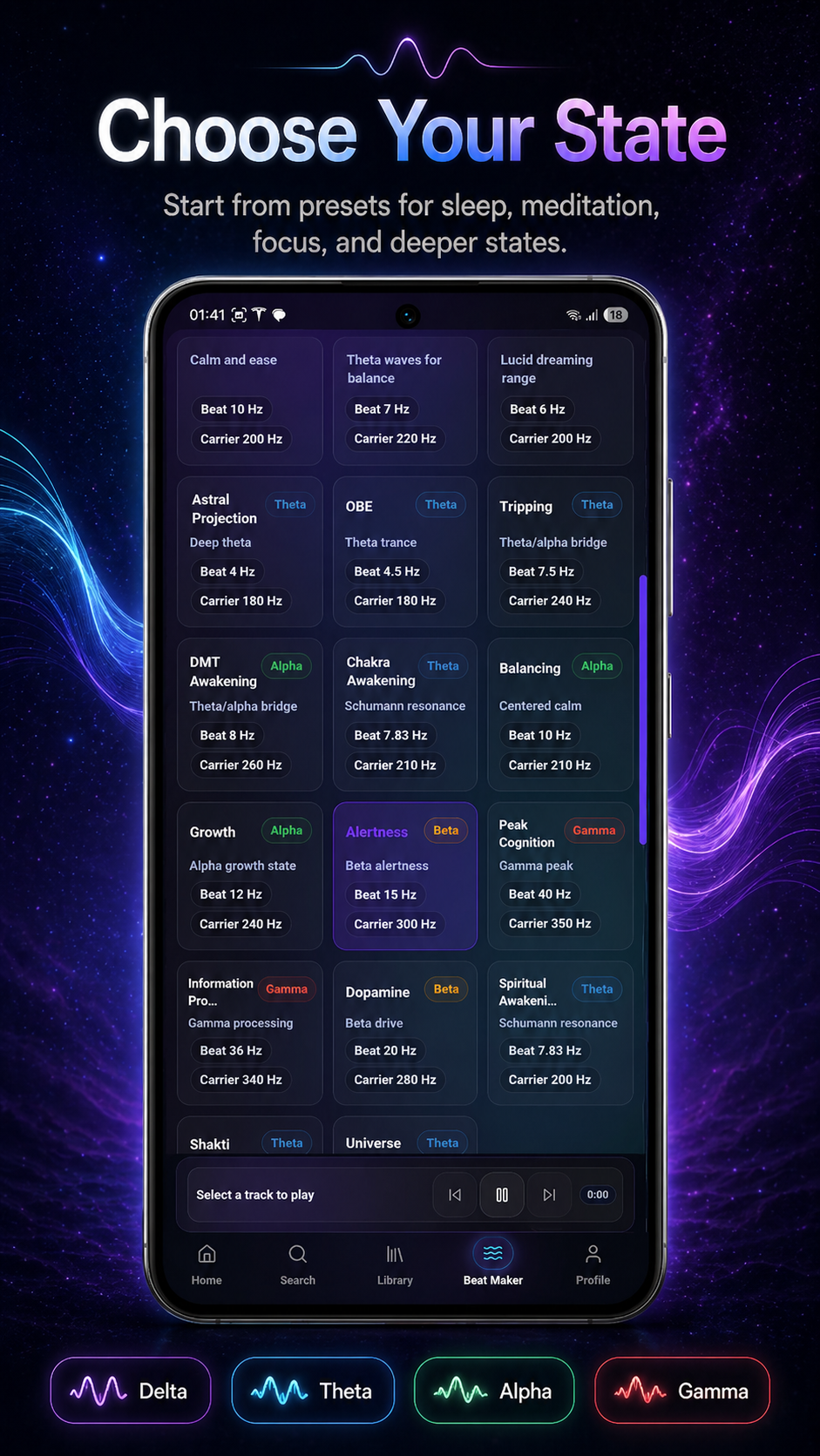 Brainwave Music frequency chooser screen